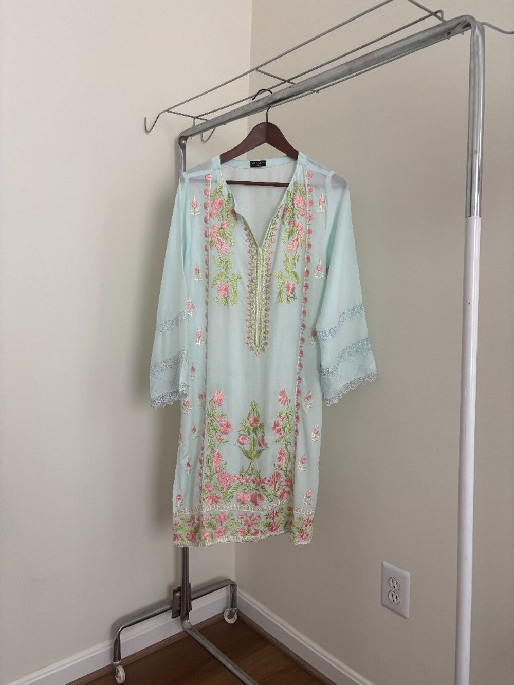 Agha Noor sky blue embroidered linen shirt